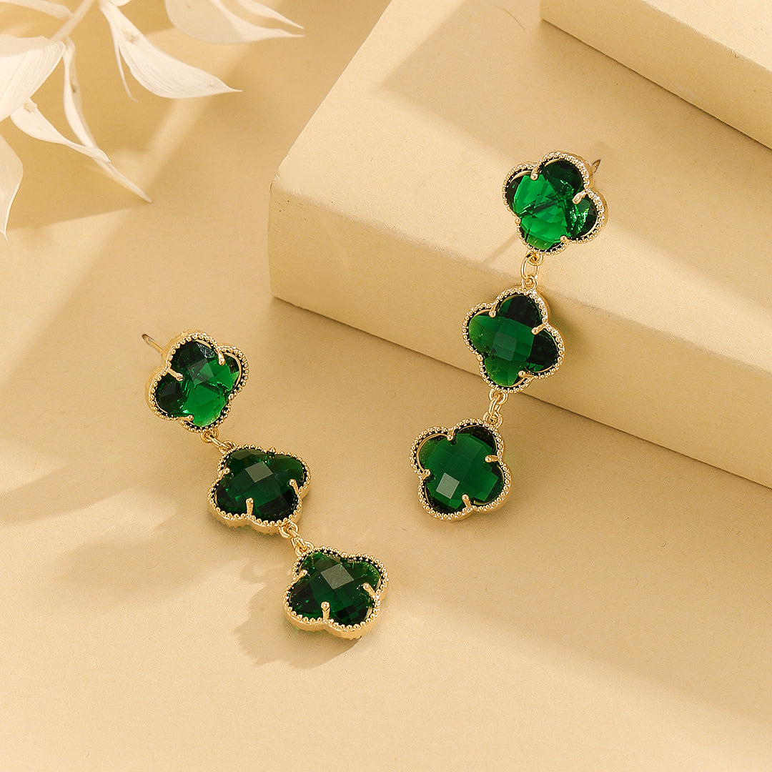 Beautiful Gold-Emerald Clover Glow Earrings - Reet Pehal