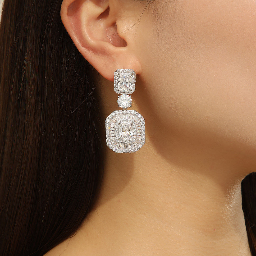 Stunning Silver Octagonal Crystal Earrings - Reet Pehal