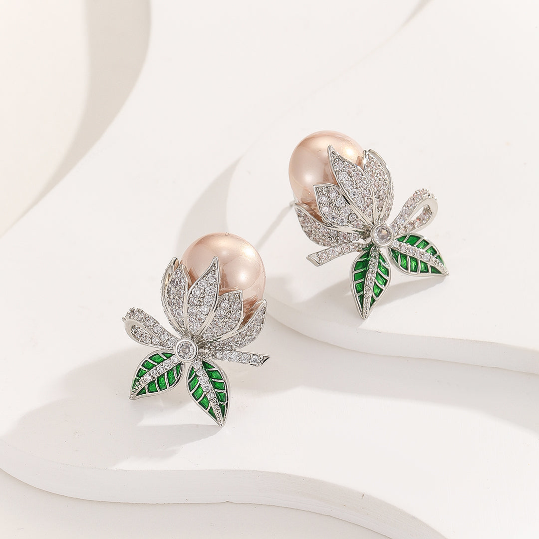 Pearl Radiance Diamond Leaves Earrings - Reet Pehal