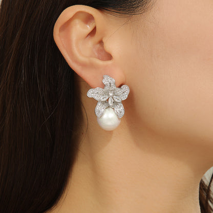 Pearl Elegance Silver Orchid Earrings