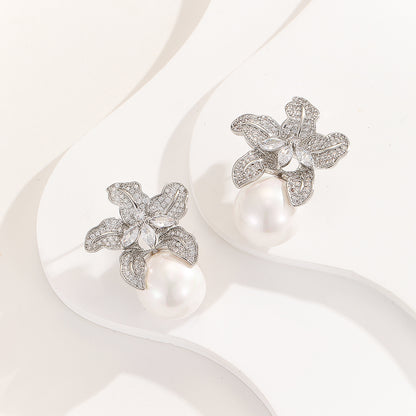 Pearl Elegance Silver Orchid Earrings