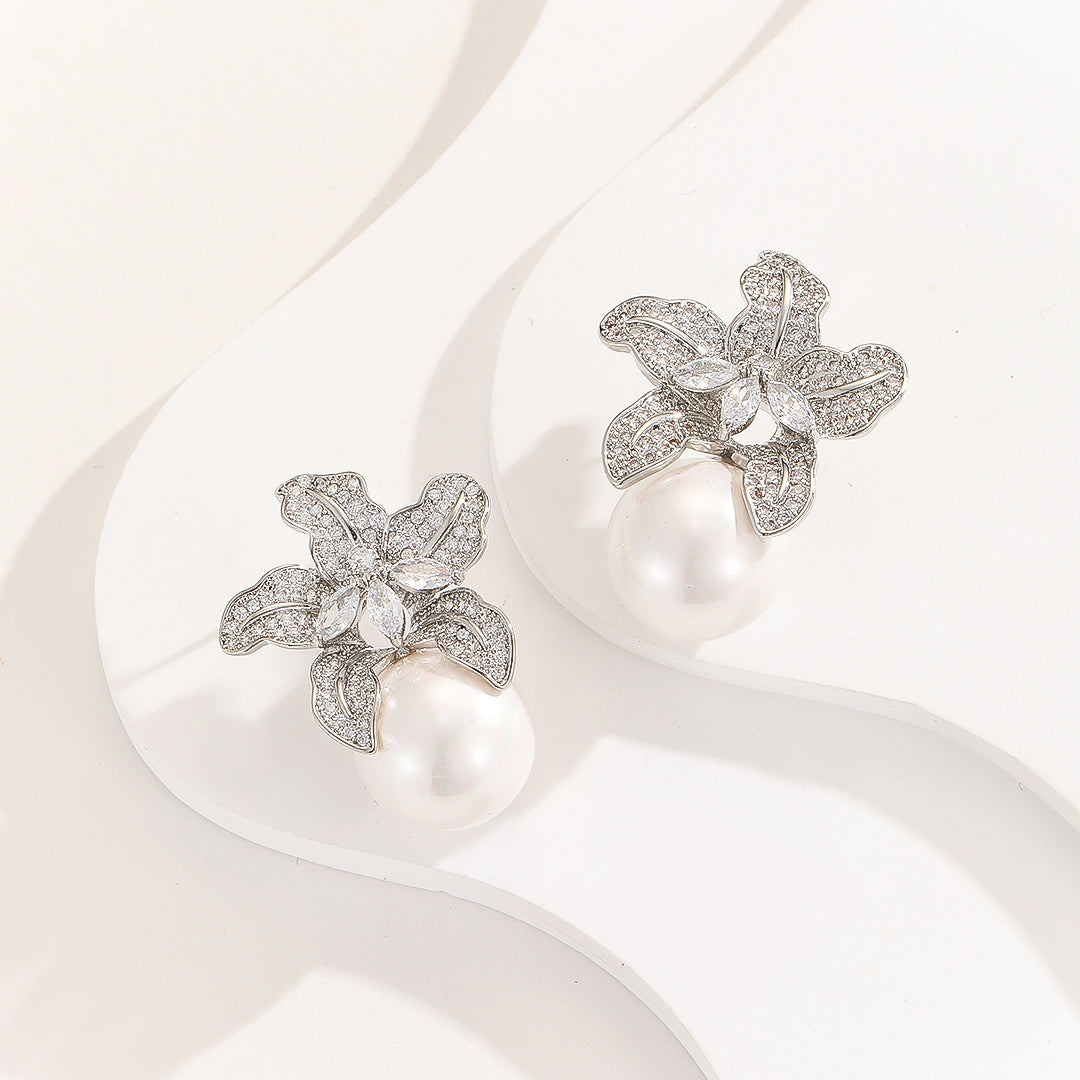 Pearl Elegance Silver Orchid Earrings - Reet Pehal