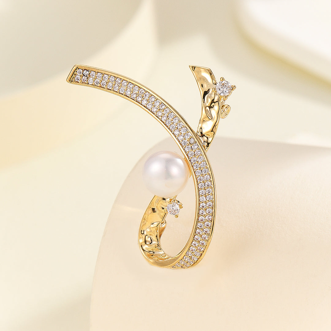 Gold Curve Pearl Ornament Brooch - Reet Pehal