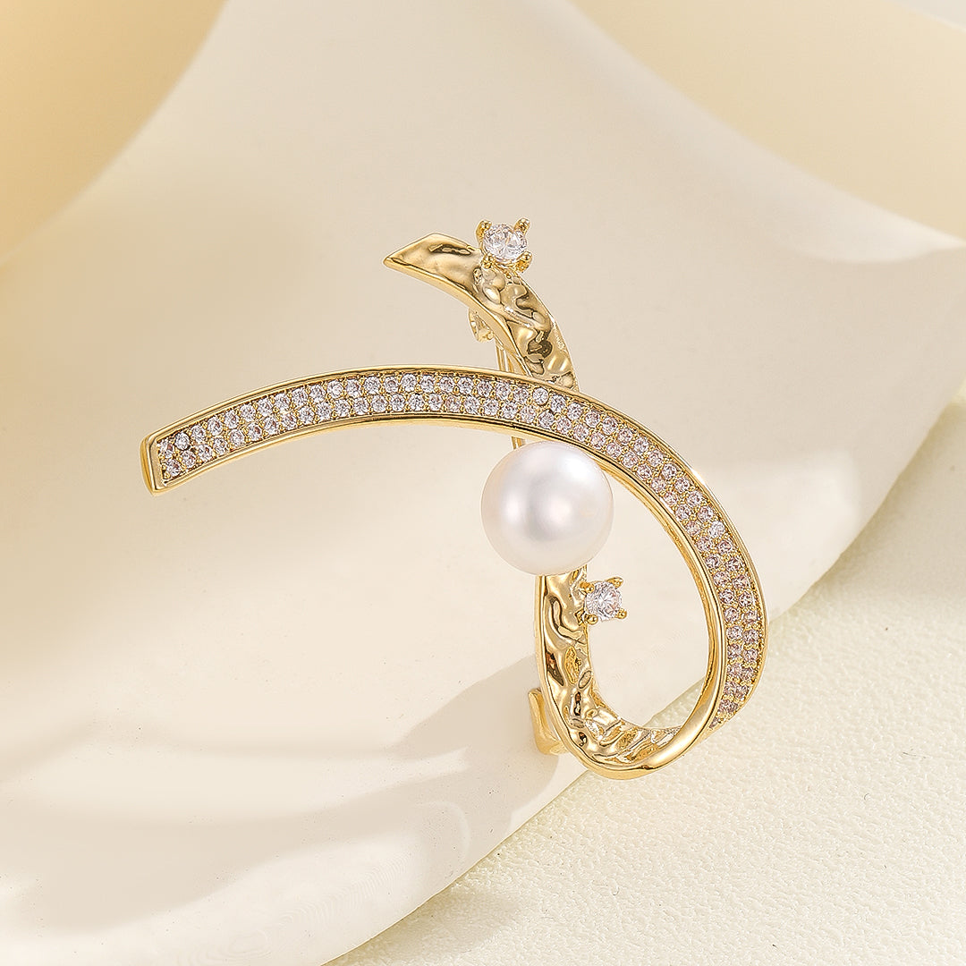 Gold Curve Pearl Ornament Brooch - Reet Pehal