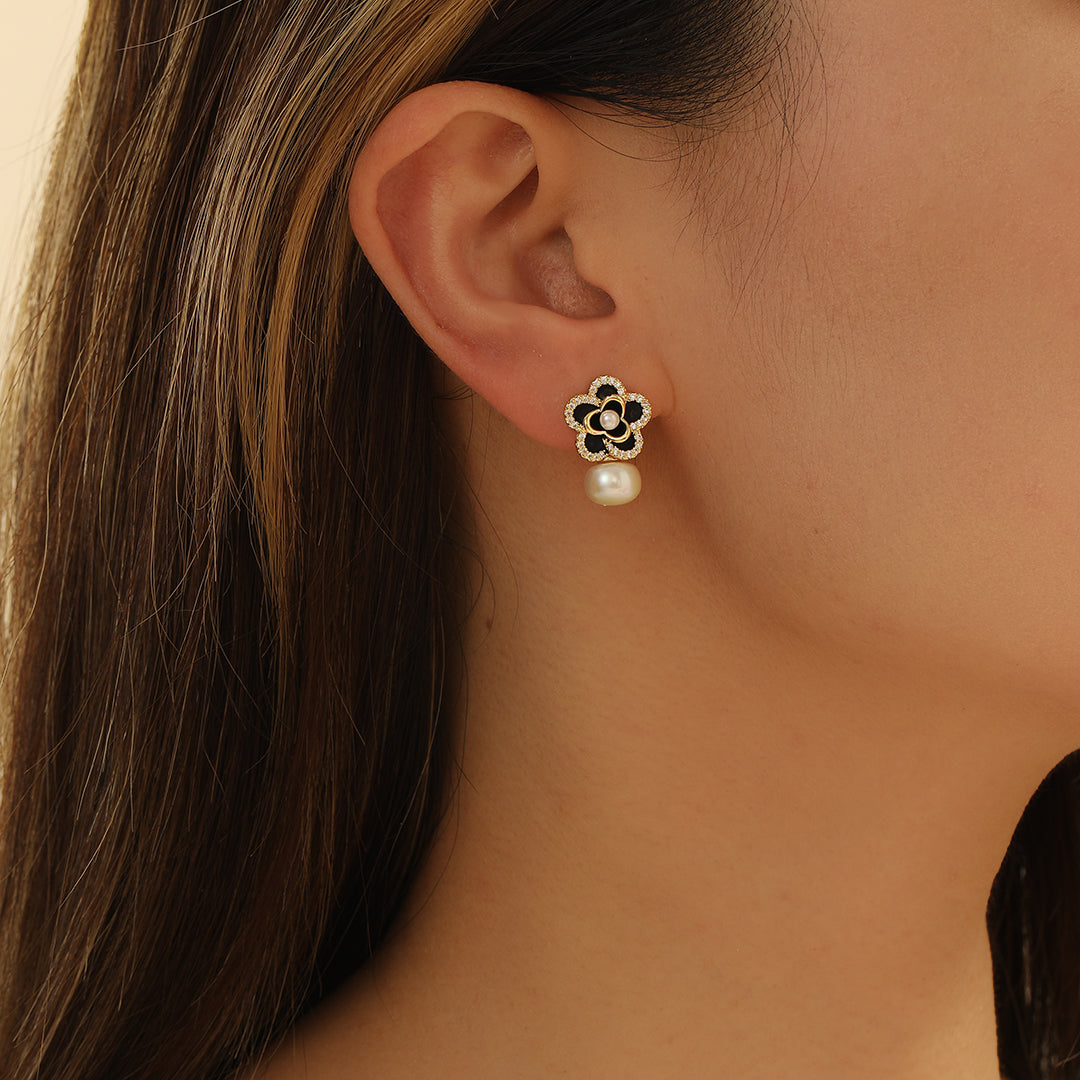 Pearly Black Blossom Drop Earrings - Reet Pehal