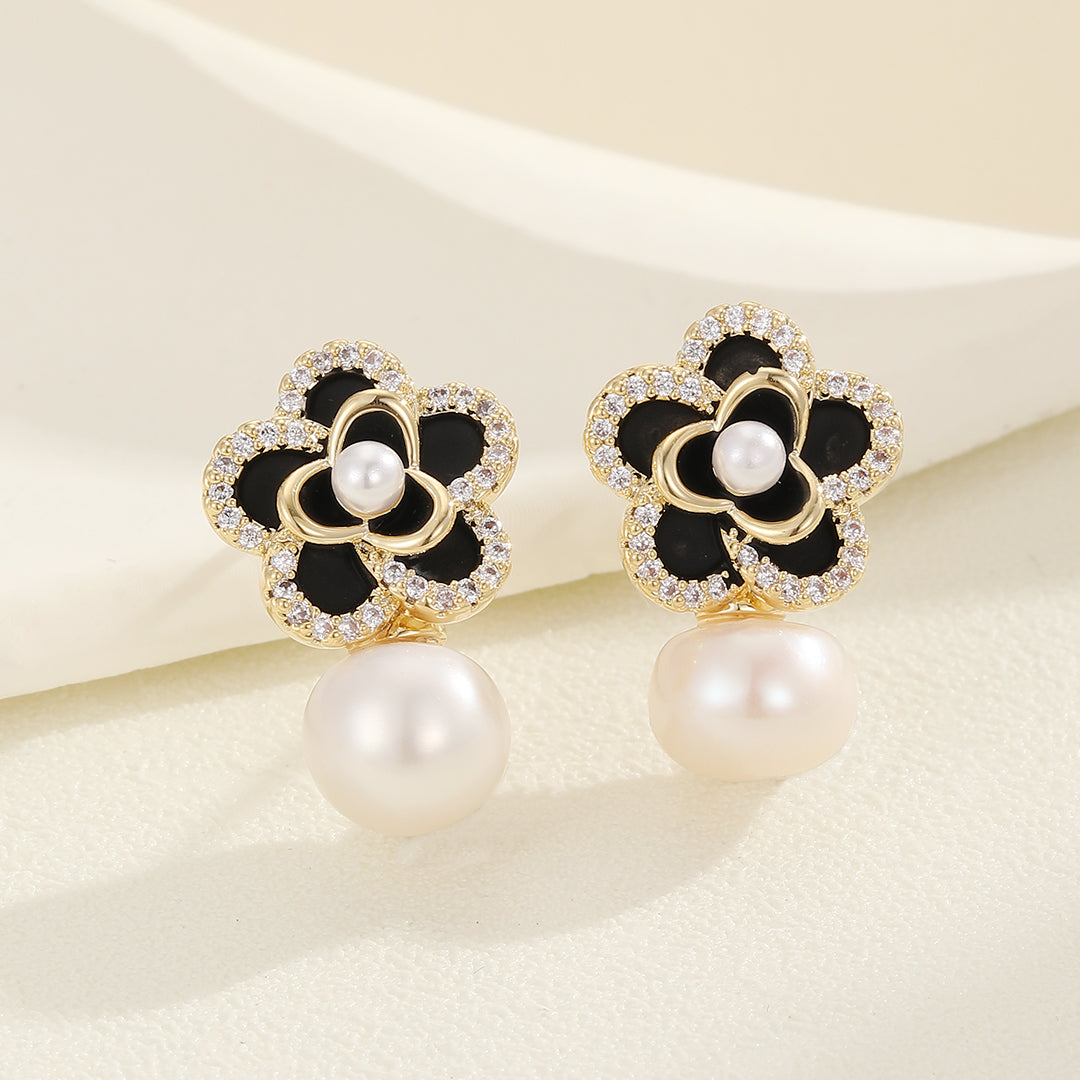 Pearly Black Blossom Drop Earrings - Reet Pehal