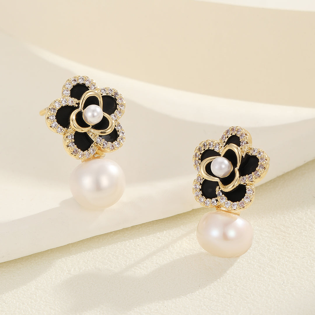 Pearly Black Blossom Drop Earrings - Reet Pehal