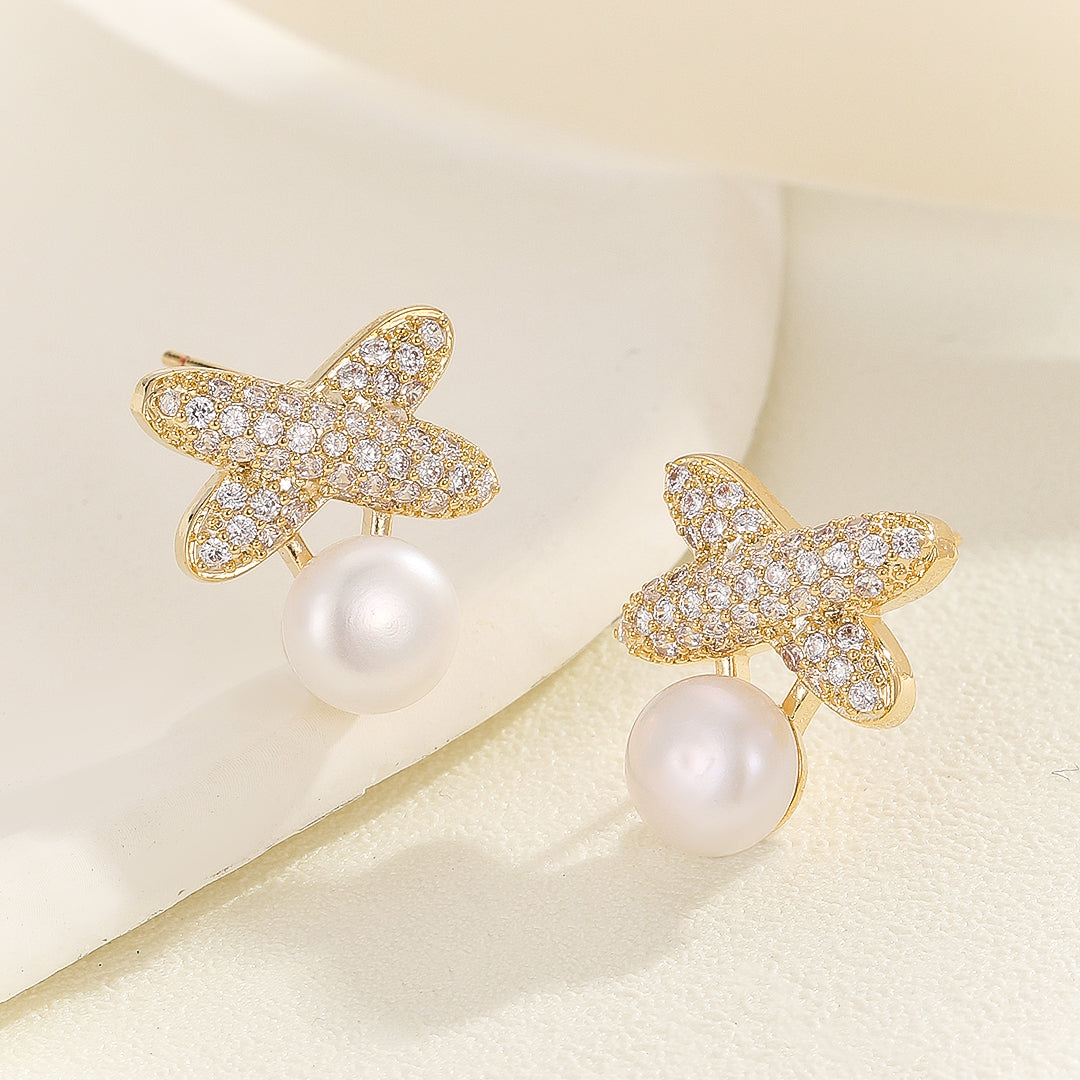 Sparkling Gold Butterfly Pearl Earrings - Reet Pehal