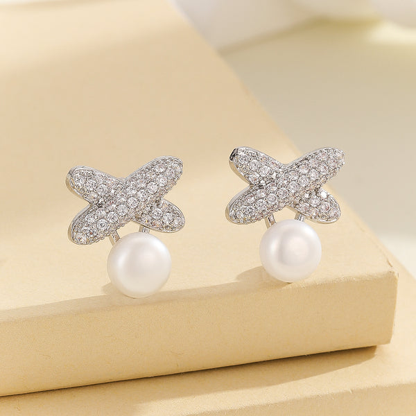 Sparkling Silver Butterfly Pearl Earrings - Reet Pehal