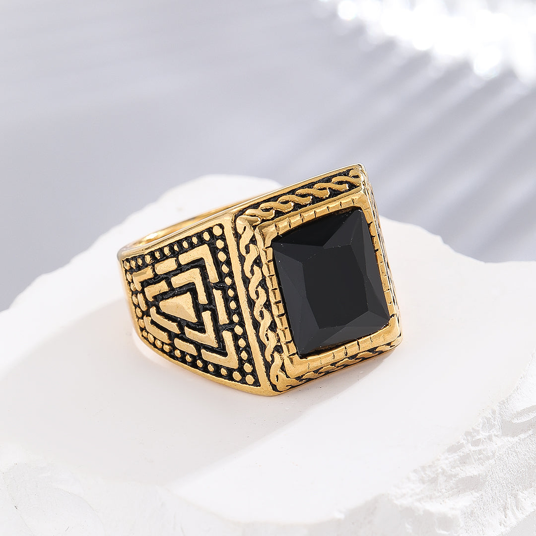 Luminous Gold-Encrusted Onyx Ring