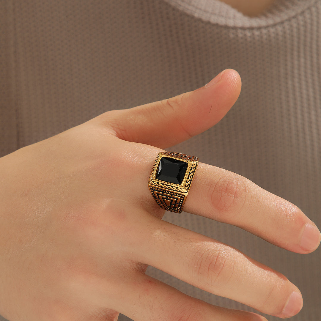 Luminous Gold-Encrusted Onyx Ring