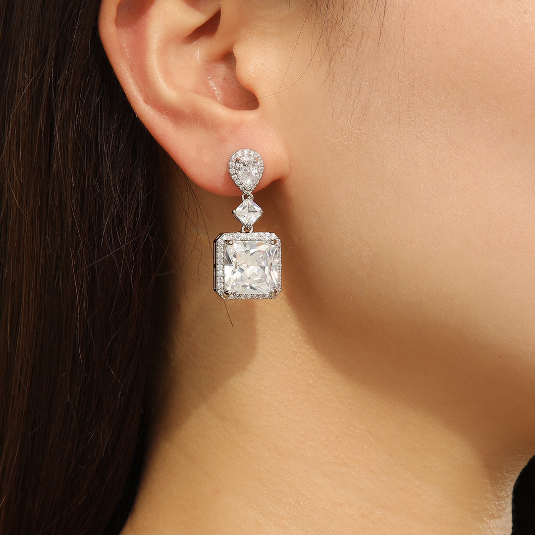 Elegant Silver Starlit Square Gem Earrings - Reet Pehal
